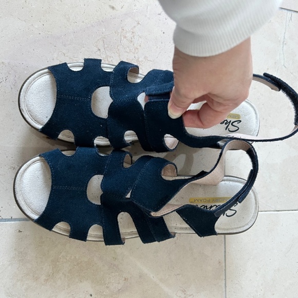 Sketchers Women's Size 9 Navy Sling Back Wedge Suede Peep Toe Memory Foam Sandle - Picture 4 of 11